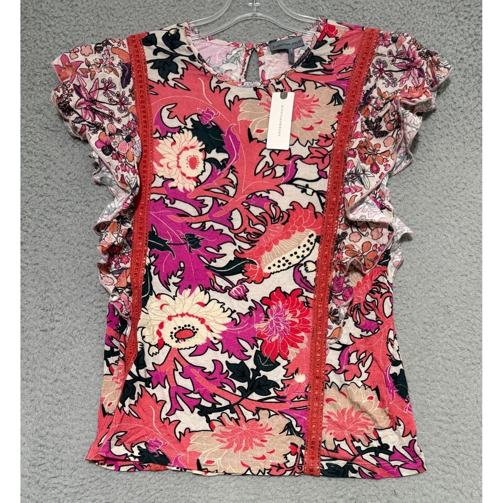 ANTHROPOLOGIE CONDITIONS APPLY Womens Sleeve Ruffle Batwing Floral Blouse Small